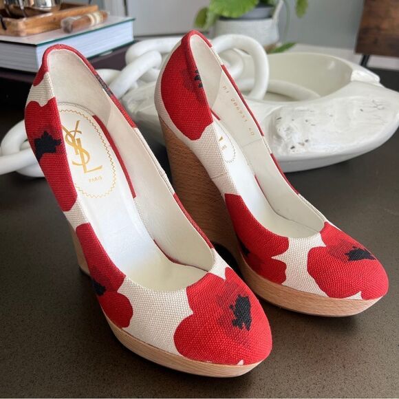 YSL Red Floral Canvas Wedge Heels - Size 40 - Picture 4 of 10